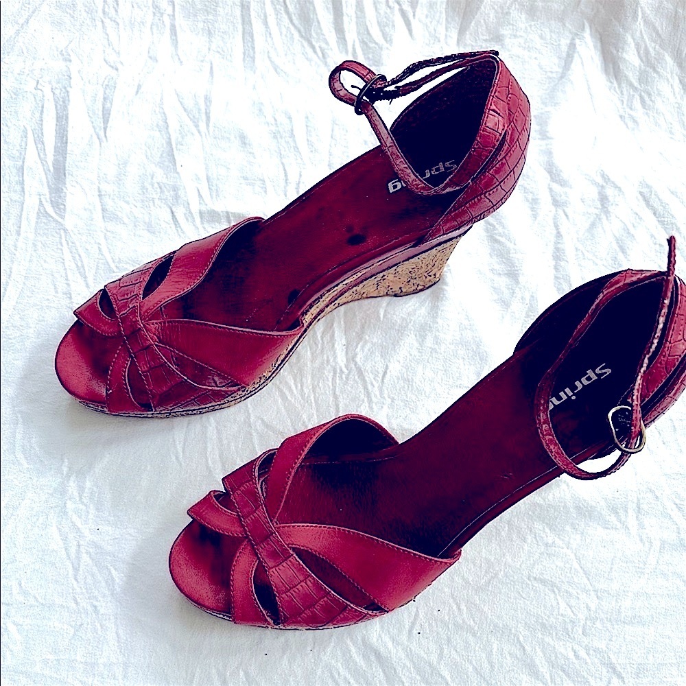 Spring two tone Red Leather Wedge‎ Peep-Toe Sandal pump with ankle strap
